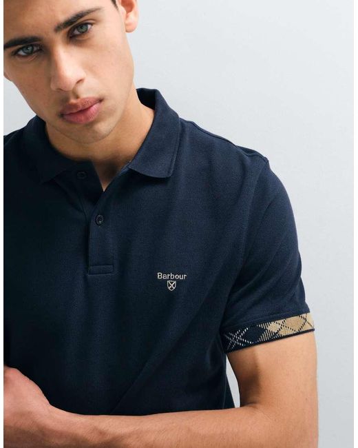 Barbour Blue Stanford Short Sleeve Tailored Logo Polo Shirt With Tartan Tipping for men