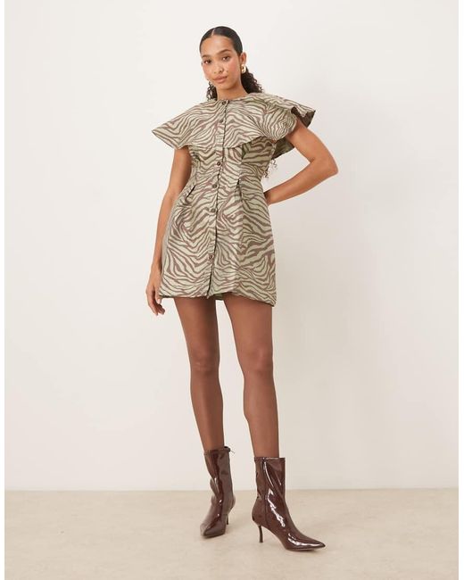 Ghospell Natural Jacquard Button Front Mini Dress