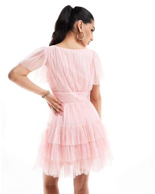 LACE & BEADS Pink Bridesmaid Madison V Neck Tulle Mini Dress