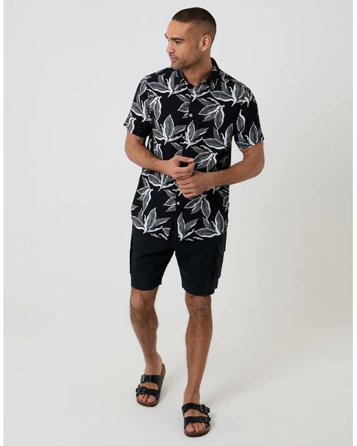 Threadbare Black Leaf Print Short Sleeve Shirt for men