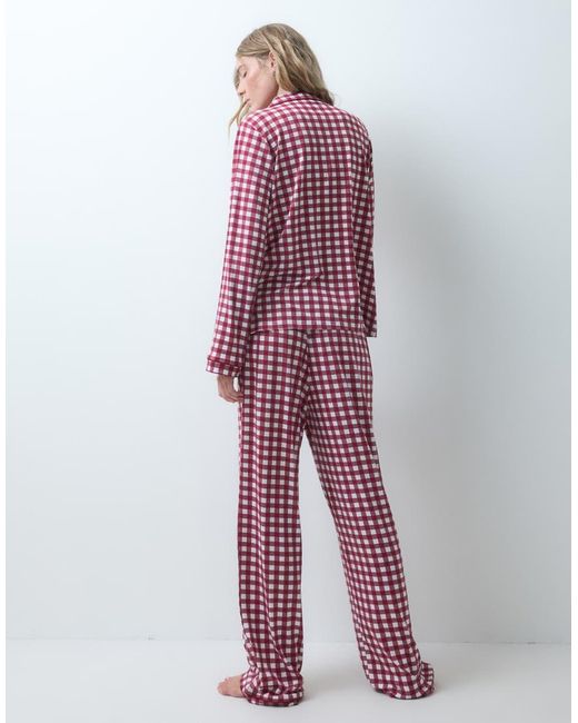 Loungeable Red Camp Collar Button Up Shirt And Pants Pajama Set
