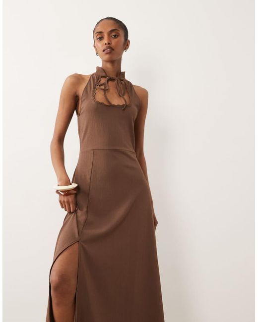 ASOS Brown Tie Detail Stand Collar Sleeveless Crepe Mini Dress