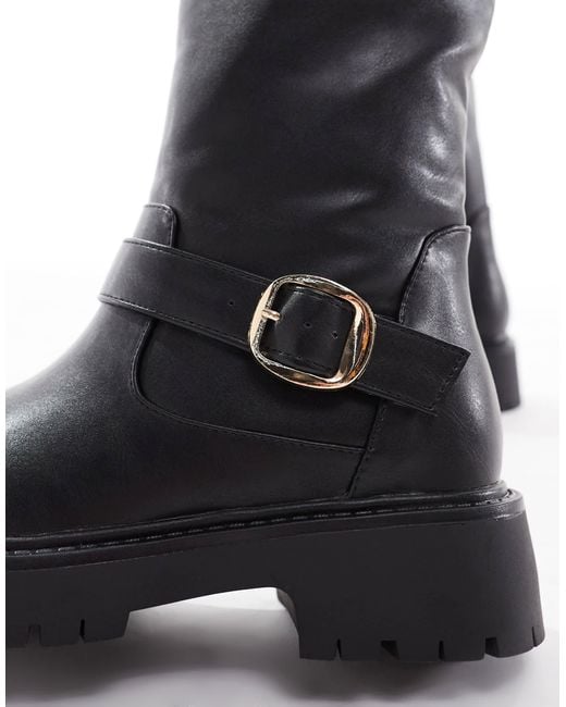 London Rebel Black Olivia Chunky Knee Boots With Buckle Detail