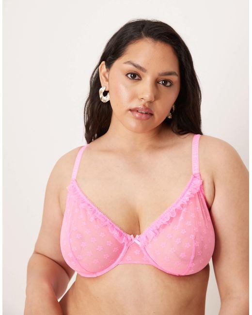 ASOS Pink Asos Design Curve Koko Floral Textured Mesh Ruffle Underwired Bra