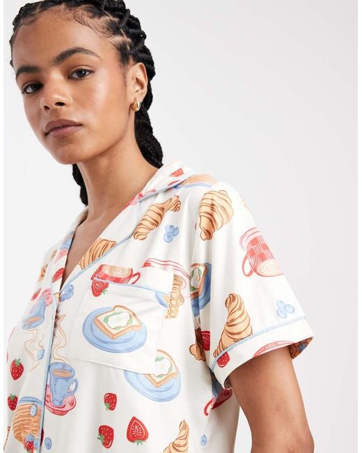 Threadbare White Button Down Super Soft Short Pyjama Set With Croissant Print