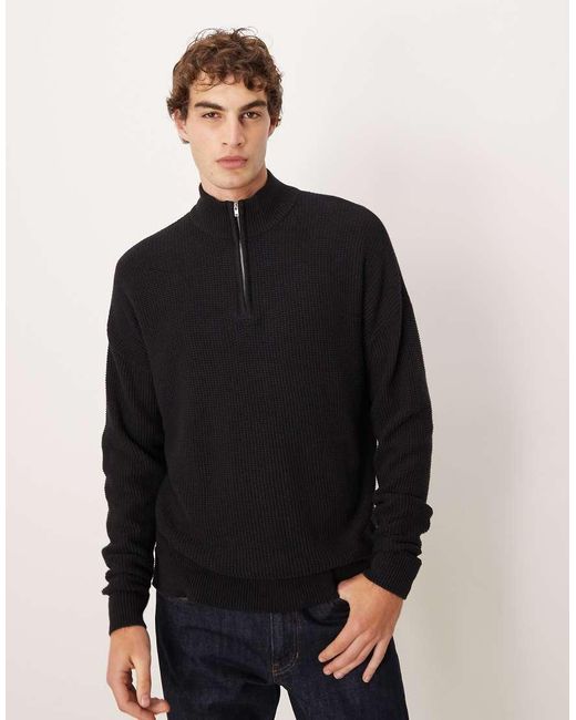 ASOS Black Relaxed Knitted Pique Funnel Neck Jumper for men