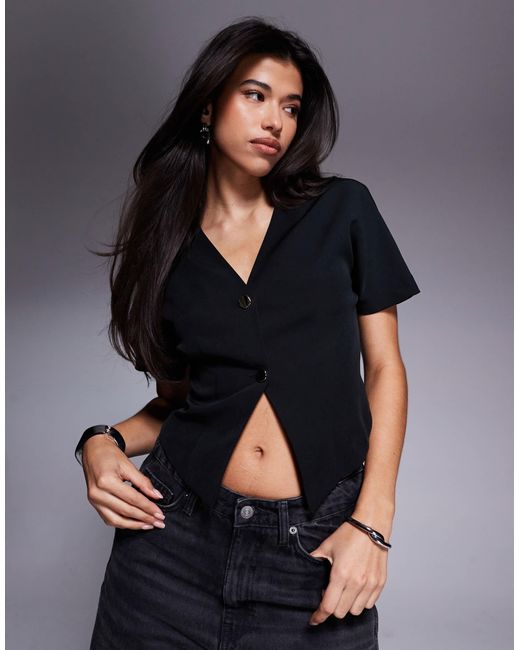 ASOS Black Short Sleeve Structured Button Detail Blouse