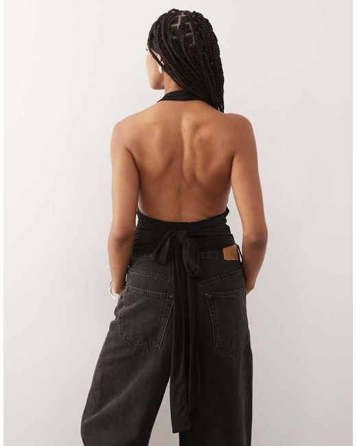 Reclaimed Vintage Natural Low Plunge Halterneck Top With Waist Tie