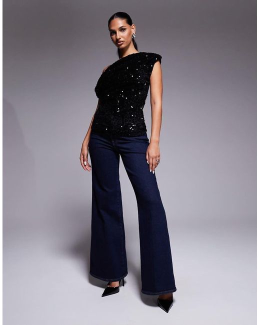 River Island Blue Velvet Sequin Draped Top