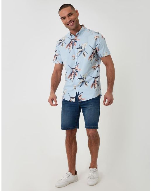Threadbare Blue Tropical Leaf Print Cotton Short Sleeve Shirt for men