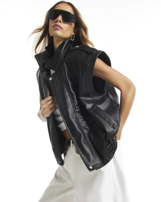 River Island Black Faux Leather Funnel Neck Biker Gilet