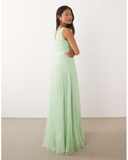 LACE & BEADS Green Bridesmaid Tulle One Shoulder Fitted Waist Maxi Dress