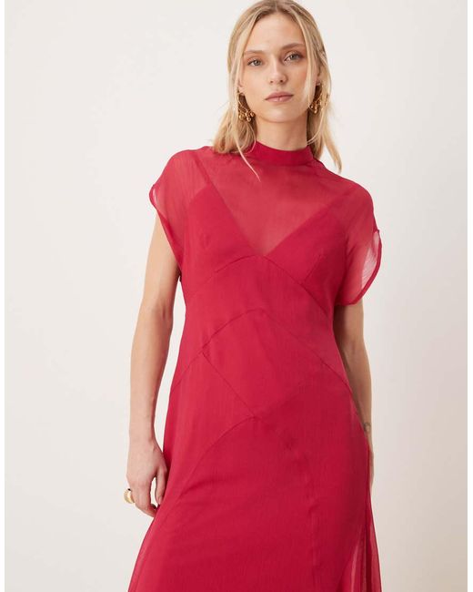 ASOS Red Asos Design Petite High Neck Hanky Hem Chiffon Maxi Dress