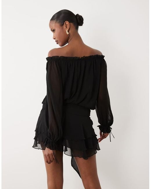 Oh Polly Black Chiffon Off Shoulder Balloon Sleeve Layered Skirt Tie Detail Mini Dress