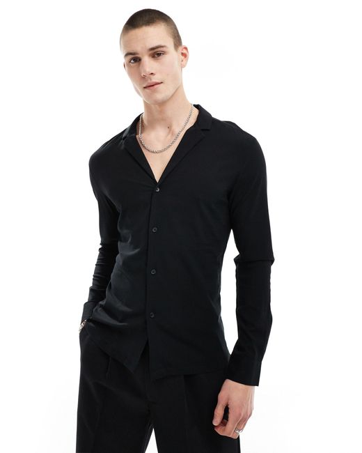 ASOS Black Muscle Fit Viscose Shirt With Deep Revere Collar for men