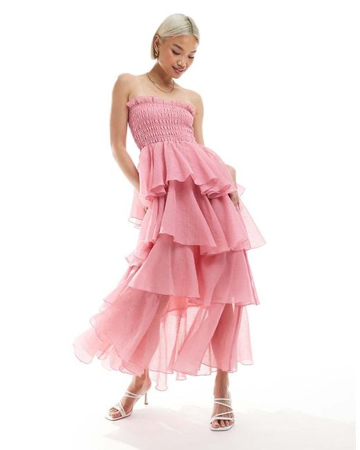 Vero Moda Pink Shirred Bodice Tiered Ruffle Hem Maxi Dress