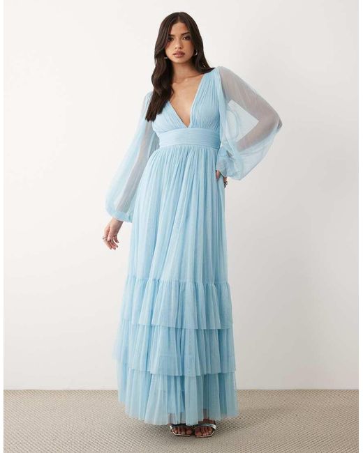LACE & BEADS Blue Bridesmaid Madison Smocked Plunge Neck Sheer Sleeves Maxi Dress