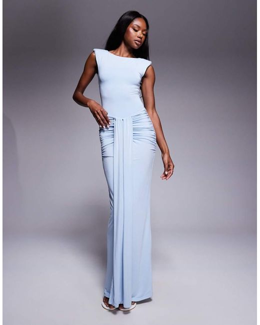 Wanderdoll Blue Nara Second Skin Drape Front Maxi Skirt Co-Ord