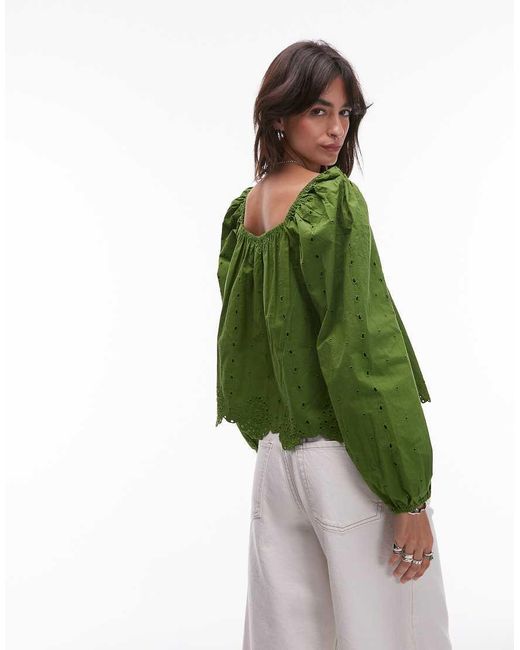 TOPSHOP Green Cutwork Long Sleeve Top