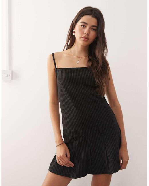 Collusion Natural 90s Pinstripe Pleated Dropped Waist Mini Dress