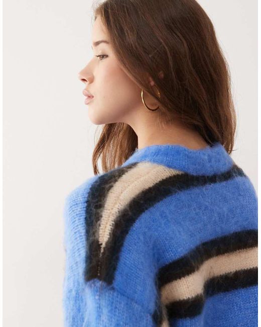 Monki Blue Oversized Fluffy Stripe Jumper
