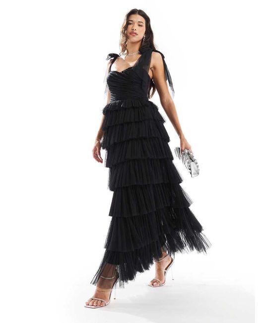 LACE & BEADS Black Bow Shoulder Tulle Maxi Dress
