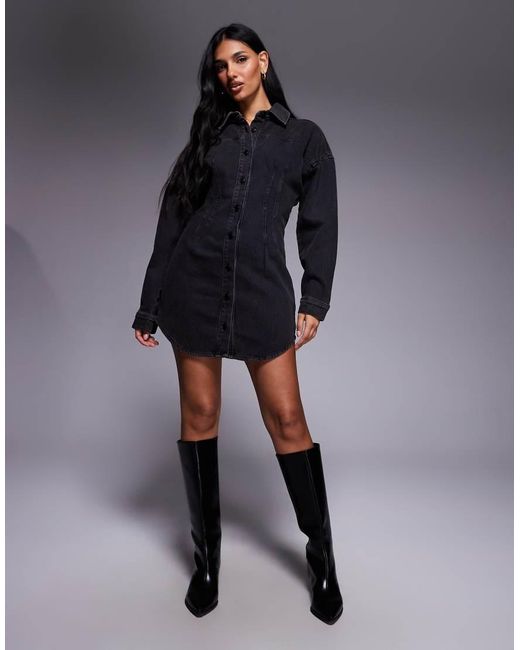 GOOD AMERICAN Blue Denim Cinched Waist Curve Hem Shirt Dress