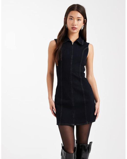 ASOS Blue Denim Zip Through Collar Mini Dress
