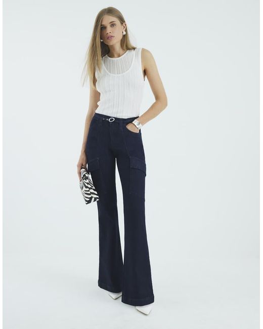River Island Blue High Rise Relaxed Flared Cargo Jeans