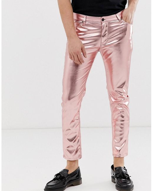 ASOS Skinny Coated Leather Look Jeans In Metallic Pink for men