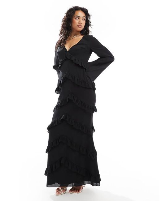 chinese dress ladies Cosmos Black Asymmetric Long-Sleeve Split Maxi Dress – Club L London main image 1