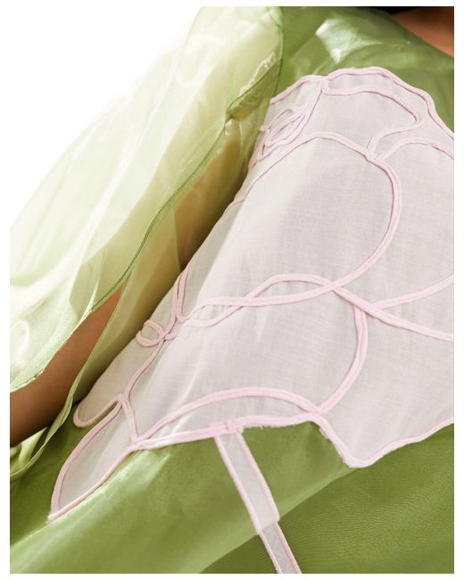 ASOS Green Curve Applique Floral Volume Sleeve A-line Mini Dress
