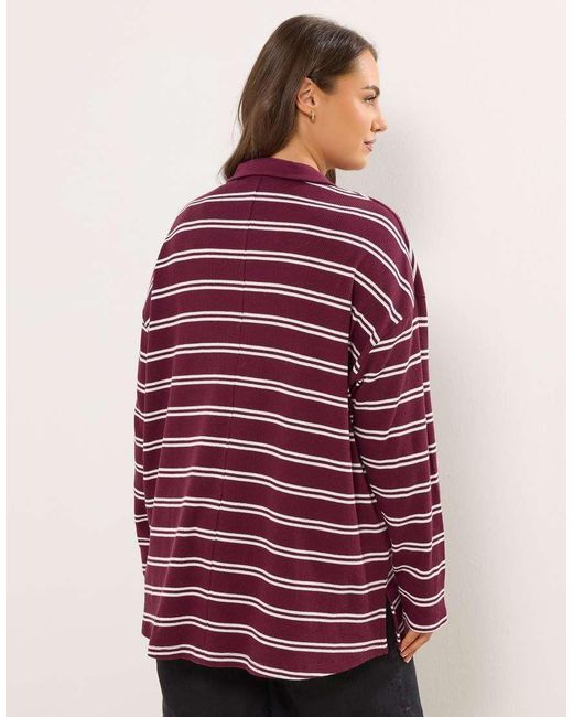 Yours Clothing Red Stripe Waffle Rugby Collar Top