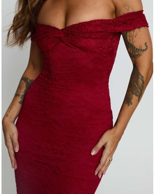 Princess Polly Red Anabeila Lace Bardot Twist Front Detail Maxi Dress