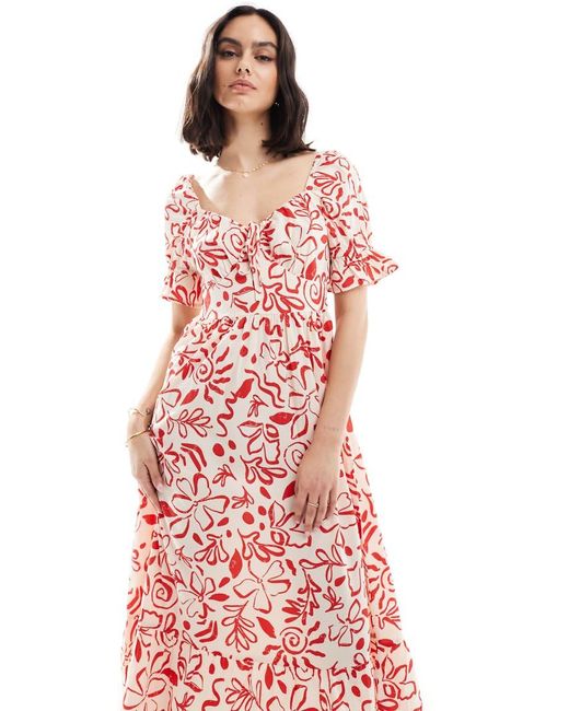 Wednesday's Girl Red Ditsy Print Milkmaid Puff Sleeve Midi Dress