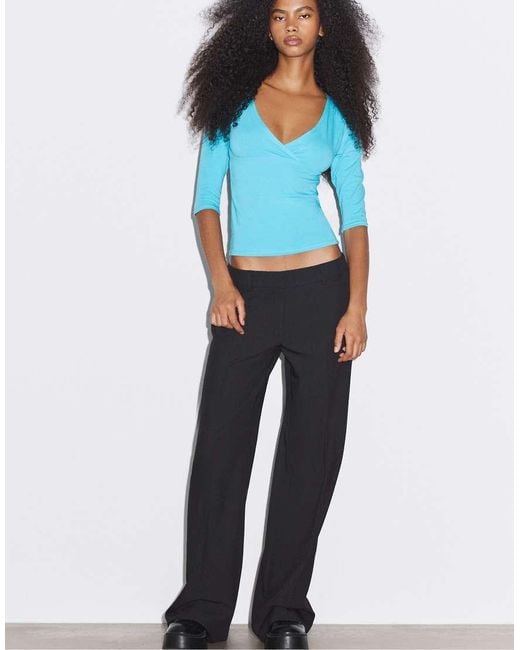 Stradivarius Blue Low-Rise Straight Smart Trousers