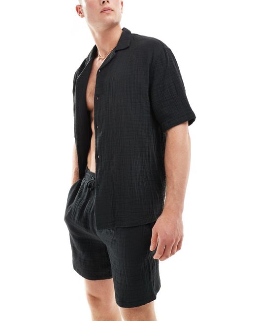 Pull&Bear Black Textured Shirt Co-ord for men
