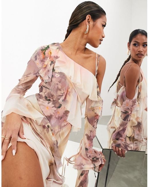 ASOS Pink Off Shoulder Asymmetric Frill Detail Maxi Dress