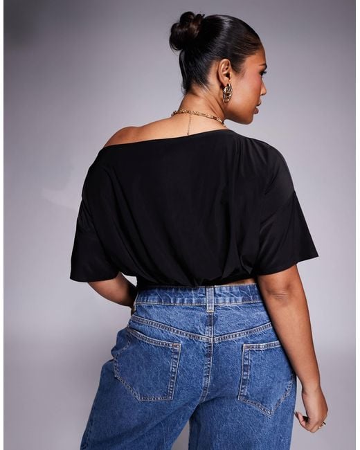 ASOS Blue Asos Design Curve Asymmetric One Shoulder Short Sleeve Top With Cinch Waist Detail