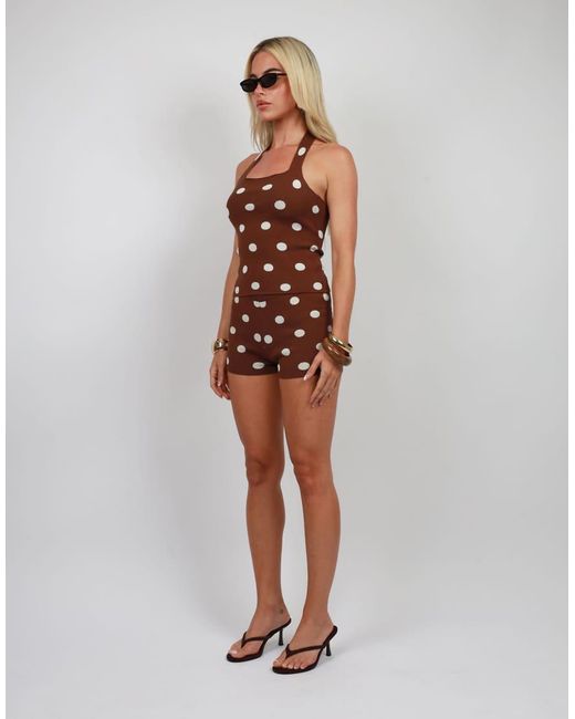 SIMMI Brown Polka Dot Square Neck Knitted Halter Top