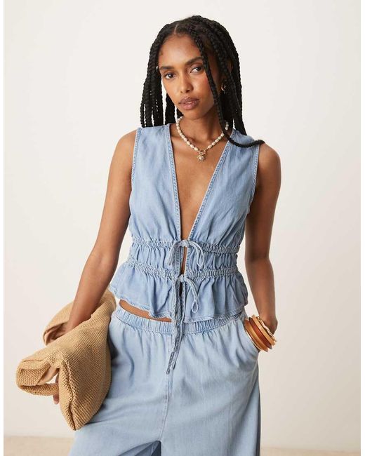 Mango Zachte Denim Top Met Gestrikte Voorkant in het Blue