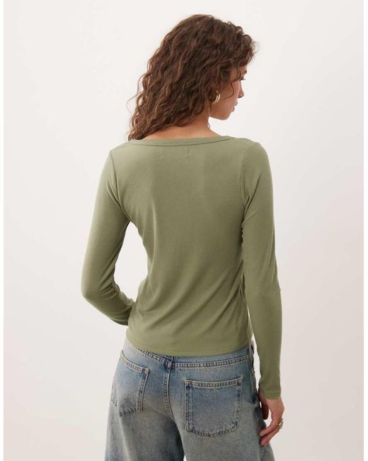 Abercrombie & Fitch Green Long Sleeve Ribbed Henley Top