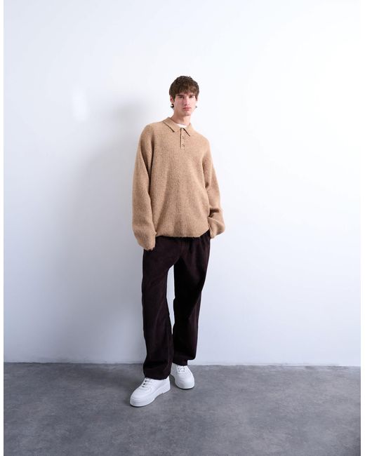 Topman Brown Oversized Fit Knitted Polo for men