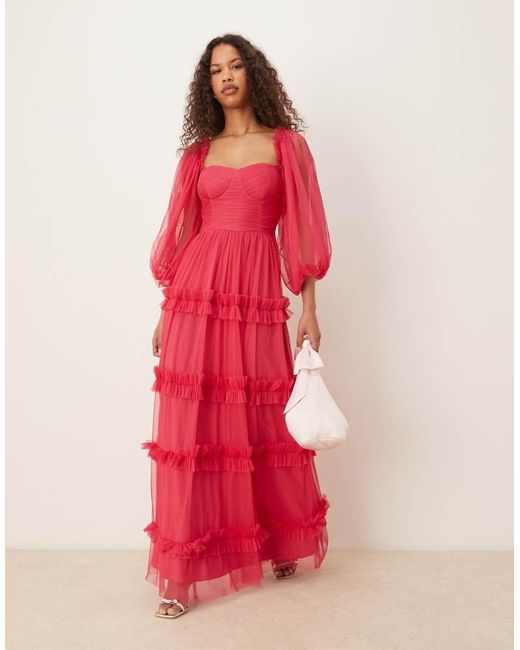 LACE & BEADS Maxi-Jurk Met Korset, Ballonmouwen En Ruches in het Red