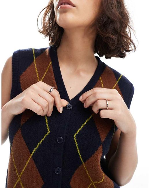 ASOS Blue Boxy Structured Argyle Waistcoat