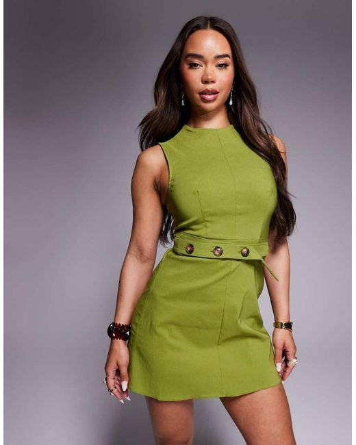 ASOS Green Bengaline Mini Dress With Wrap Around Button Belt