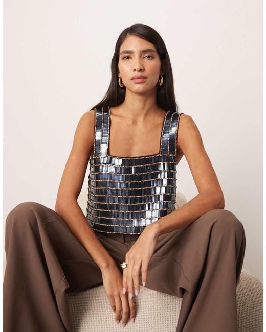 ARRANGE Gray Linear Embellished Square Neck Loose Fit Top