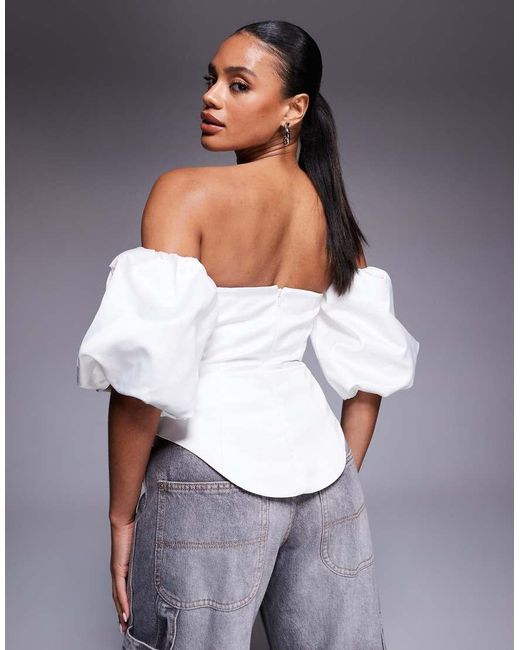ASOS Gray Puff Sleeve Embellished Heart Cut Out Top