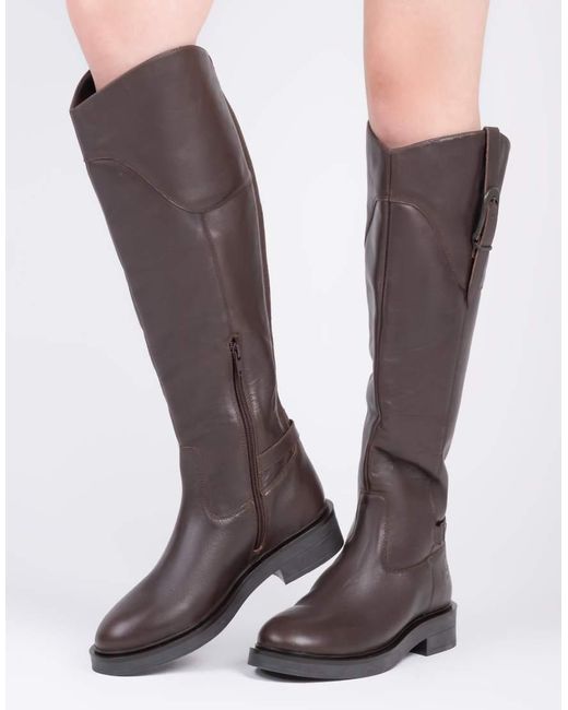 OFF THE HOOK Brown Carnaby Leather Knee-High Riding Boots With Buckle Strap And Side Zip