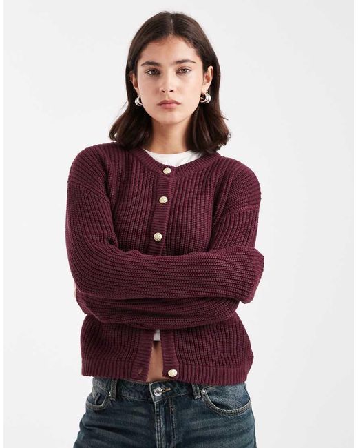 Brave Soul Red Fisherman Knit Cardigan With Gold Buttons And Pocket Detail